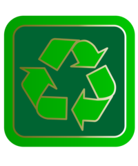 A stylized green recycling symbol sits against a square background.