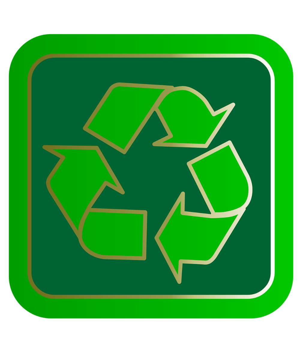 A stylized green recycling symbol sits against a square background.