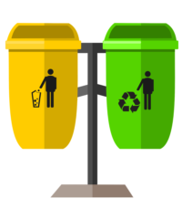 Two bins sit next to one another, one is labeled with a trash bin and the other is labeled with the recycling symbol.