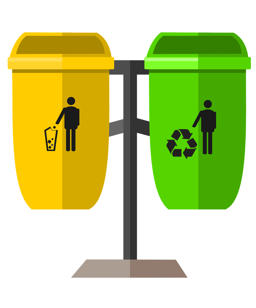 Two bins sit next to one another, one is labeled with a trash bin and the other is labeled with the recycling symbol.