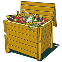 A wooden compost bin overflows with compostable material including eggplants, tomatoes, fish bones, and apple cores.