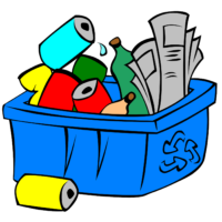 A blue recycling bin overflows with recycling including newspapers, aluminum cans, and glass bottles.