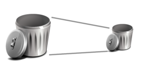 A large trash can is shrinking down to a smaller trash can representing waste reduction.